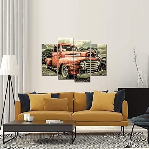 Artkissmore 4 Panels Car Pictures Canvas Wall Art - Old Truck Red Car In The Field Wall Decor Painting Pictures Vintage Boy Room Men Cave Wall Decor For Home Bedroom Office Decoration H-32 X W-48 #TOP1
