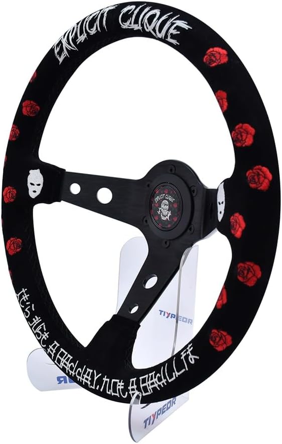 Reinforced Sport Steering Wheel 13.78 Inch/350MM (3.5" Deep) - Red Suede, for Marine/Automotive/Aftermarket Steering Wheel, Universal Fit (Black)