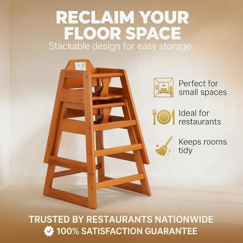 Image of Walnut Wooden Restaurant High Chair - Stackable Rubberwood Dining Chair with Safety Bar, Easy-Clean Finish, Commercial Restaurant Seating