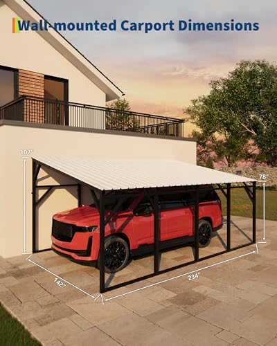 Image of Garvee 12x20 ft Lean-to Metal Carport, Vertical Roof Wall-Mounted Car Port with 11.5 Slope, Heavy-Duty 19-Ga. Steel Frame, 107 inch to 78 inch Height Clearance for SUV & Pickup