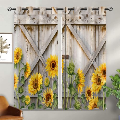 18TH CROZY Barn Door Blackout Curtains, Sunflower Window Drapes 55x63