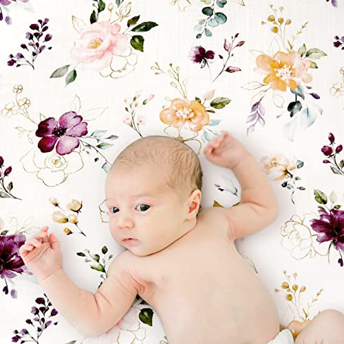 Image of GRSSDER Soft Muslin Crib Sheet 1 Pack, 100% Cotton Crib Sheets for Boys and Girls, Fit Standard Crib Mattresses 52 inch x 28 inchSafe and Snug, Stylish Purple Flora Pattern