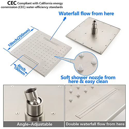 SKOWLL-Brushed-Nickel-Square-Shower-Faucet-Set-Rainfall-Shower-Head-LED-Shower-Faucet-Overhead-Shower-System-Shower-Head-and-Handle-Set-Wall-Mount-10-Inch-with-2-Function-Shower-Valve-Kit