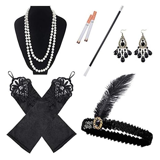 1920-talet flapper tillbehörsset, BESTZY kvinnor vintage pannband 1920-tal mode flapper pannband cigaretthållare långa handskar för rytande 20-talsfest bal