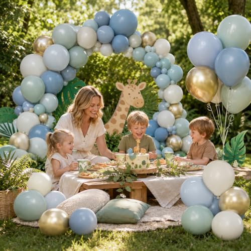 Image of Dusty Blue Green Balloons, Slate Fog Blue Dusty Green Ivory Balloons with Metallic Light Gold Balloon for Women Men Boho Jungle Safari Birthday Bridal Baby Shower Wedding Engagement Party Decorations