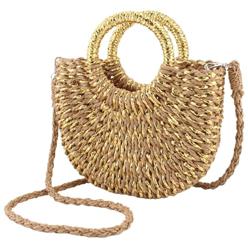 Image of Rattan Handmade Straw Tote Handbag Beach Shoulder Bag Summer Beach Rattan Bag Straw Bag