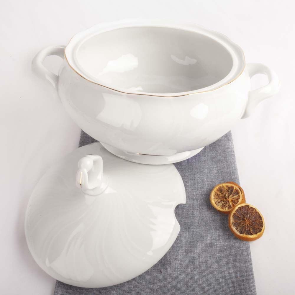 Franquihogar - Lubeck, Zuppiera in porcellana con coperchio, per zuppe, classica, con filo oro e decorazione, 1 l