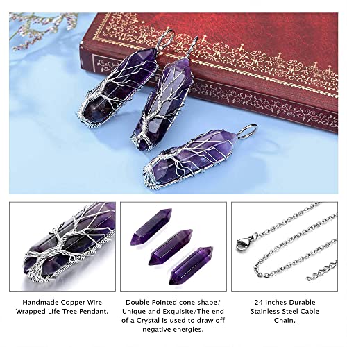 Wansan Hand-Wound Tree Of Life Natural Crystal Hexagonal Prism Necklace Fortune Tree Necklace, Chakra Yoga Pendulum Divination Energy Pendant Jewelry Gift (Created Emerald), Silver #TOP5