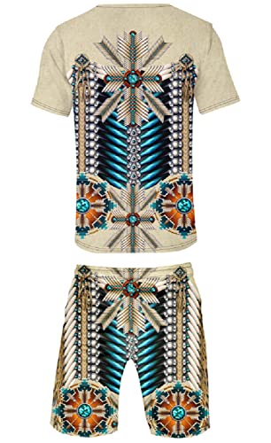 AMOMA Unisex Native Indians Pattern Ethnic Style Print Crewneck T-shirt and Shorts Sets Outfit2