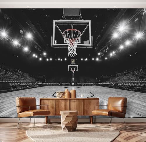 Basketball Court Black and White Sports Wall Mural Hoop Stadium Lights Empty Peel & Stick Wallpaper Removable Self-Adhesive Large Wall Sticker Wall Decor for Boys Room Bedroom Nursery 69"x98"