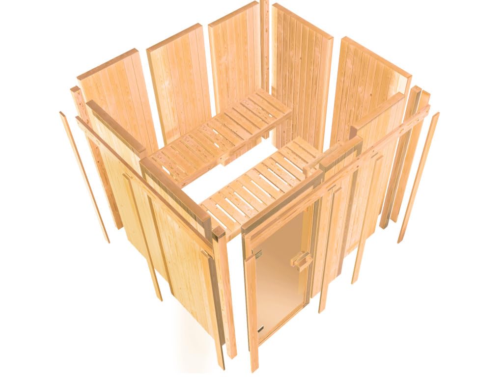 KARIBU Elementsauna Celine 3 Fichte 68 mm, Innensauna für 2 3 Personen, Systembauweise mit bronzierter Ganzglastür, 3 Liegen, Ofenschutzgitter, energiesparend, Ohne Dachkranz, 198 x 121.5 x 73 cm