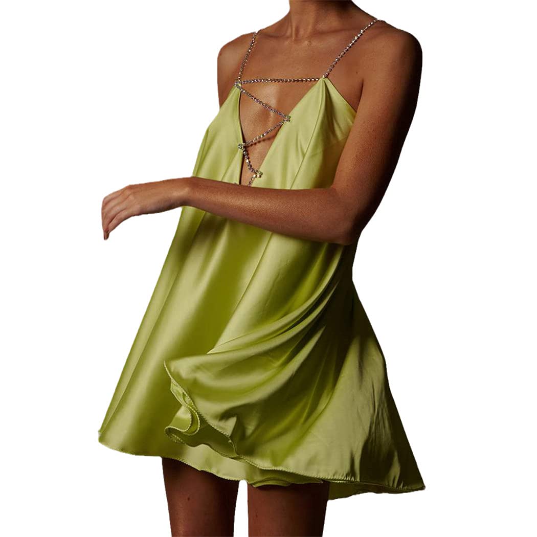 Sexy Kleid mit Kette aus Satin, niedriger Rücken, mit Kristall-Trägern und Hals, für Partys und Clubs., grün, M