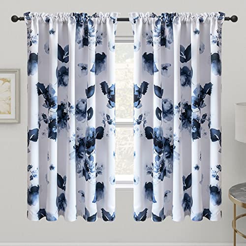Taisier Home 72 Inch Rod Pocket Room Darkening Window Curtain Drapes, Chinese Traditional Ink Painting Stylized Leaves and Flower,Artwork,Deep Blue Print Curtains for Living Room Bedroom