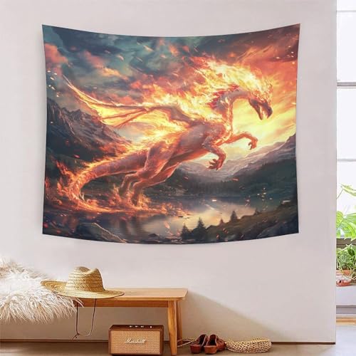 Tapisserie Flamme Ptérosaure 3D VZOMANLEX : Décoration Murale Amovible sans Clou ni Peinture