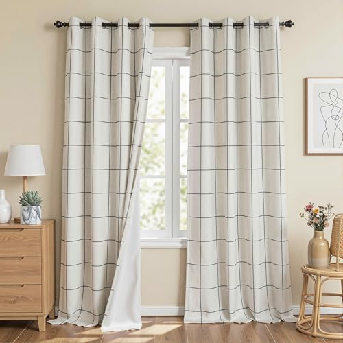 Image of MYSKY HOME Floor to Ceiling 100% Blackout Plaid Linen Curtains 102 Inch Long 2 Panels Set Farmhouse Double Layer Checkered Patterned Thermal Insulated Grommet Top Drapes, 52 inch W Each Panel, Deep Grey