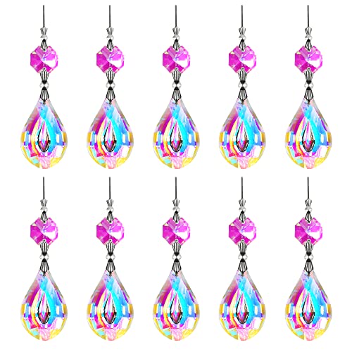 H&D Colorful Lamp Prisms Parts 38mm Loquat Shape with Octagon Bead Chandelier Glass Crystals Hanging Drops Christmas Pendants (Color-10pcs)