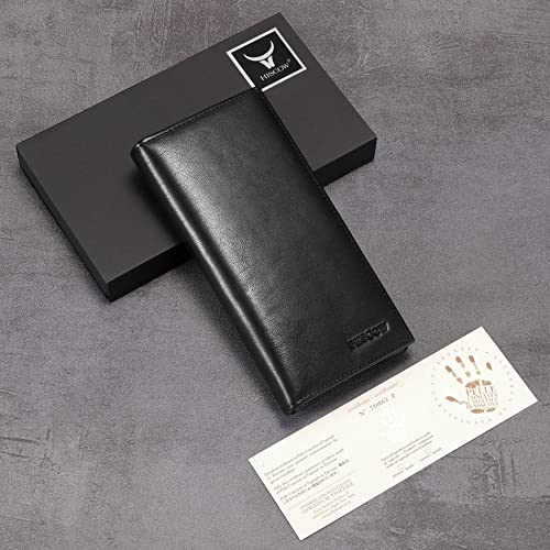 Image of HISCOW Full Grain Leather Men's Long Wallet, 15 Card Slots, Black Vegetable-Tanned Leather, One Size, Classic | Gusseted bill compartment, tall bifold design, clear ID window, ideal for coat pockets or briefcases, turned-edge, gift box