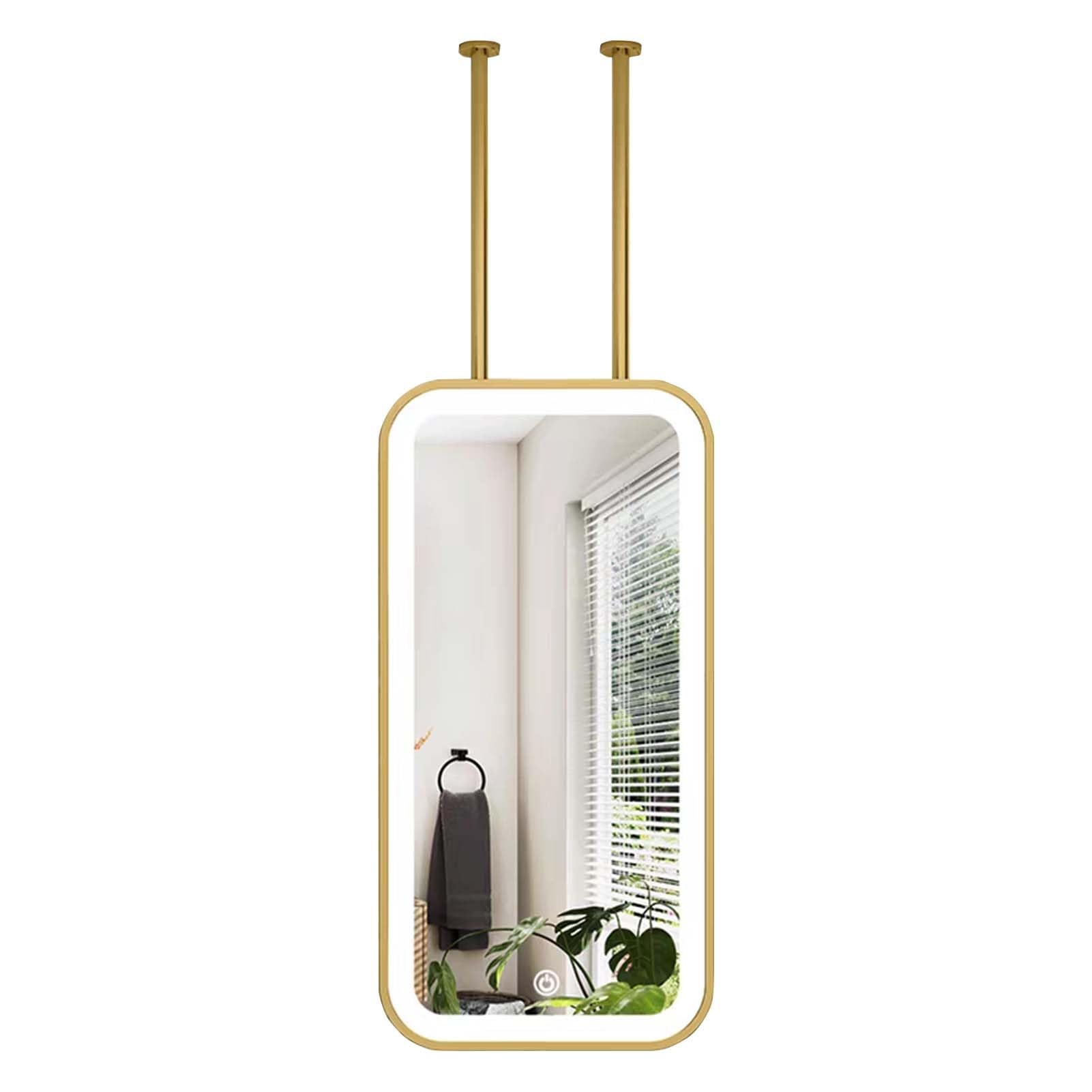 FGXHHS Large Touch LED Mirror for Bathroom Square Dimmable Vanity Makeup Ceiling Mounted HD Glass Mirrors Washrooms Apartment Home, Gold(40cmx60cm)