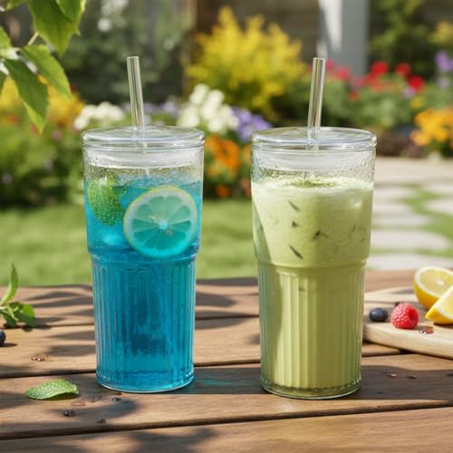 Image of Ash & Roh 550ml Large Ribbed Glass Cup with Straw, Reusable Glass Tumbler with Lid for Iced Coffee, Bubble Tea, and Smoothies (Pack of 2)