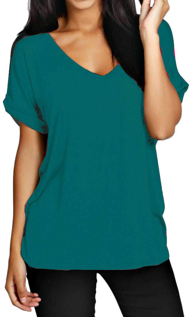 Fairy Trendz Ltd Women's Teal Oversize Fit V Neck Top Baggy Plus Size Batwing Turn Up Sleeve Casual T-Shirt Sizes 8-26( Uk 24-26)