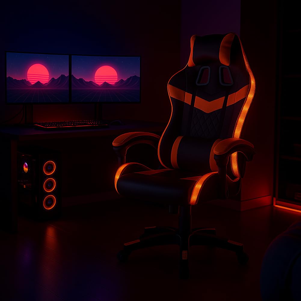 Shally Dogan Sedia Gaming da Scrivania con Striscia LED RGB Multicolore, Rivestimento in Ecopelle, Schienale Reclinabile, Altezza Regolabile da 106 a 116 cm, Poltrona da Ufficio, Cameretta (Arancione)