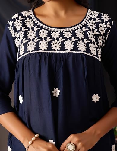 Image of Sidhidata Rayon Floral Embroidered Short Kurti | Short Anarkali Kurti for Girls | Women's Casual Sleeveless Printed Top | Tops for Women (Kurti Myra)
