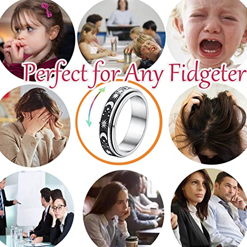 Fidget Anxiety Rings For Women, 16Pcs Stainless Steel Relief Stress Spinner Rings Set, Moon Star Beaded Anti Anxiety Spinning Rings For Adults Men Teens, Size 6.5-7 #TOP2