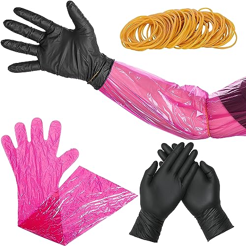 Sfcddtlg 36 Pairs Field Dressing Gloves- Disposable Hunting Deer Gutting Cleaning Gloves- Long & Short Dressing Gut Mittens Combo with 72Pcs Rubber Bands for Hunting Cleaning Accessories