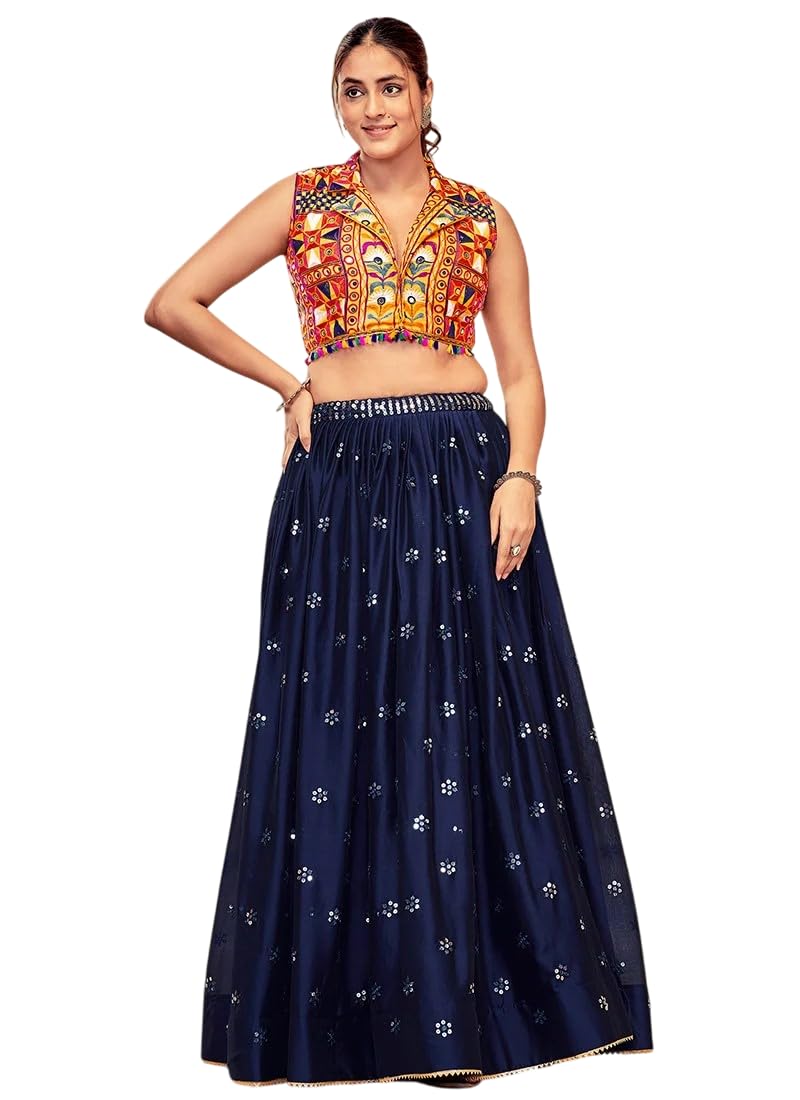 Women's Blue Embroidered Sequins Kutch Work Silk Chaniya Choli-image-49