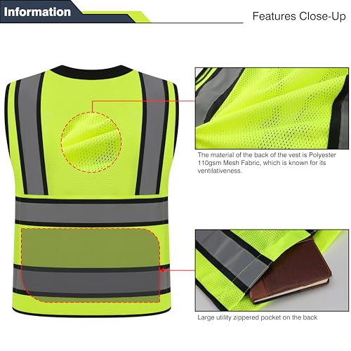 Image of Gasoline Class 2 High Visibility Reflective Safety Vests Women & Men | With 15 Pockets And Zipper Front,Meets Ansi /Isea Standards