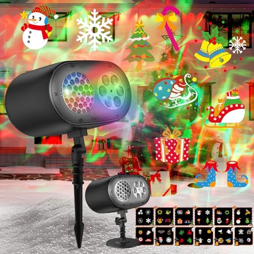 Proyector Navidad Exterior Luces Halloween Decoración – Proyector LED 2-en-1 con Efecto Ola del Océano 12 Patrones Dinámicos Impermeable con Control Remoto para Decoración Festiva en Casa y Jardín