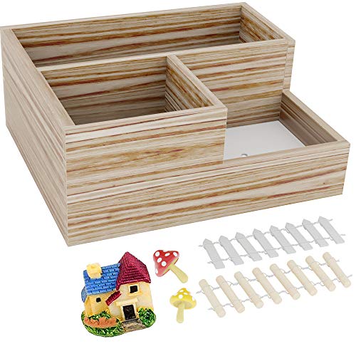 3-Grid Natural Wooden Succulent Flower Planter Box + 5 Miniature Ornaments - Drainage Holes, Drip Tray, Anti-Mold Base : Also Use as Desk Organizer - Great Plant Gift