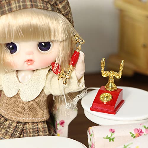 Dollhouse Telephone 1:12 Miniature Vintage Rotary Phone Model Desk Decoration Retro Mini Accessorries For Artificial House Living Room Scene (Red) #TOP2