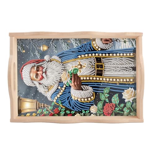 Image of AiYuanzsh Christmas DIY Diamond Art Tray with Handle Diamond Art Painting Plate Creative Design Handmade Wooden Tray Kits Special Shape Diamond Art for Coffee Home Christmas Organizer (Santa Claus)