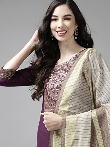 Image of INDO ERA Women's Cotton Blend Yoke Design Straight Kurta with Pant & Dupatta Set