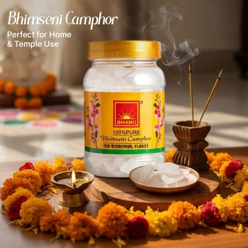 Image of BHANU 100g Pure and Original Bhimseni Camphor Jar | Refreshing Fragrance Aromatic Kapooram | Diffuser Camphor for Pooja, Hawan | Zero Residue Aarti Kapoor