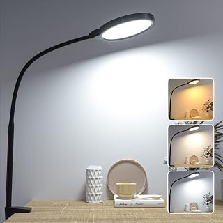 Hensam LED Desk Lamp, Dimmable Table Lamp,Flexible Reading Lamp for Home,Office,Reading,Studying,Drawing,Back to School,10 Brightness Levels & 3 Color Temperatures,Clip on Desk,Adjustable,Black