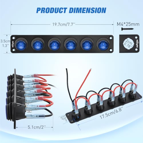 Image of Nilight 6 Gang Rocker Switch Panel IP67 Waterproof 12V /24V On /Off Blue | 3-Pin Toggle Switches Aluminum Panel for Automotive Marine Boat Car Camper Truck Vehicles Lights