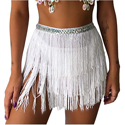 Wuchieal Belly Dance Costume Hip Scarf Belt Tribal Fringe Tassel wrap Belt (White, One Size)