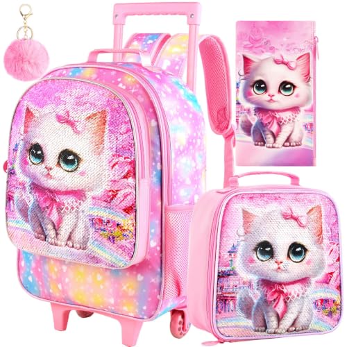 Image of CCJPX 3PCS Rolling Backpack for Girls, Kids Cat Roller Wheels School Bookbag with Lunch Bag, Wheeled School Bag for Toddler Elementary Children