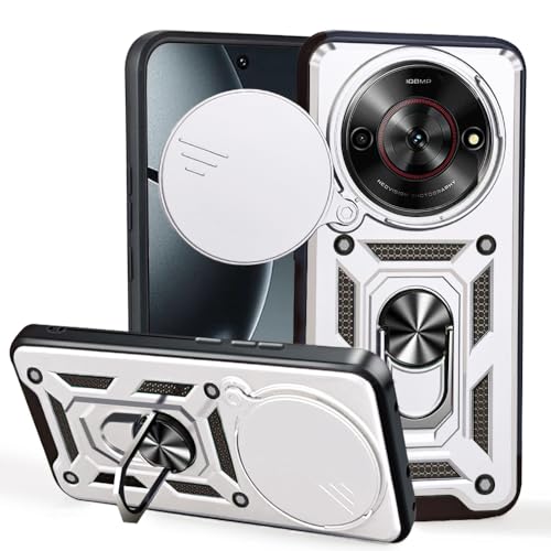 JNERBUYI Funda para ZTE Nubia Focus 5G/Blade A75 5G/V60 Smart Carcasa con Anillo 360°y Cubierta de Objetivo, Funda Protectora con Soporte Magnético, Carcasa Antigolpes. Plata