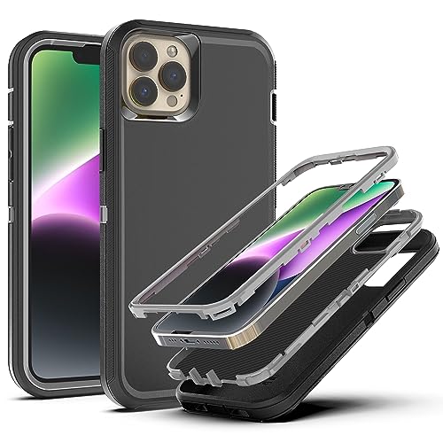 YmhxcY for iPhone 13 Pro Max Case iPhone 12 Pro Max Case Shockproof Dropproof Dust-Proof Drop Proof 3-Layer Durable Phone Case Heavy Duty Protection Phone Case Cover for 6.7"-Black/Grey