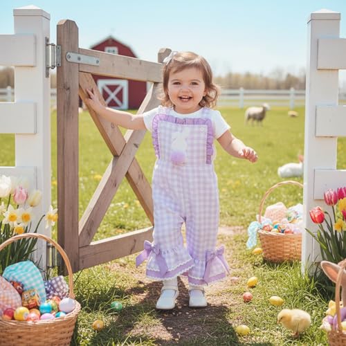 YINGISFITM Toddler Baby Girl Easter Outfit Bunny Overalls Ruffle Bell-Bottom Plaid One Piece Romper Jumpsuit Cute Clothes (Bunny Purple, 12-18 Months) - Thumbnail 2