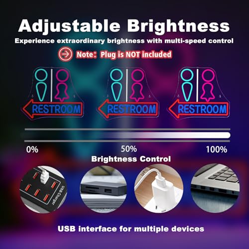Image of Restroom with Arrow Neon Signs for Wall Decor Dimmable LED Gender Bathroom Sign,USB Powered Light for Bar Restaurant Business Bathroom Cafe Shop Home