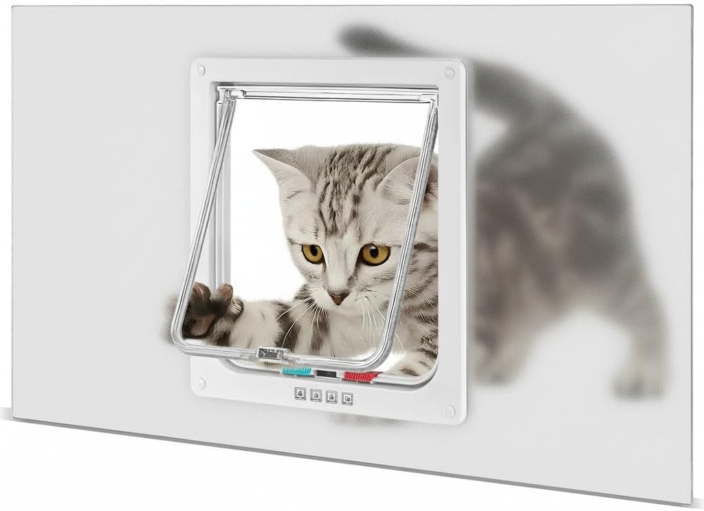 Cat Door for Window, 4 Locking Modes for Safety Cat Window Door, Fits 14"-24" Width Window, Durable Weatherproof design Cat Door, Magnetic Closure, Wider View, Pet Door With Safe & Comfortable for Cat
