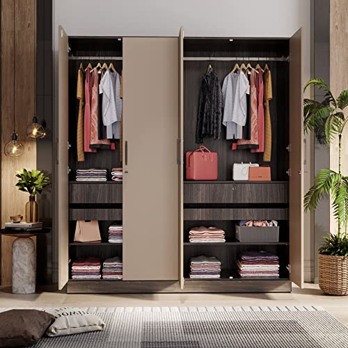 Image of Wakefit Wardrobe | 1 Year Warranty | Engineered Wood Almirah, Cupboard for Clothes Storage | 4 Door, 4 Shelves, 2 Drawers, 2 Trays, 2 Hanging Space | Cashmere Plus - Wyoming Maple-Frappe
