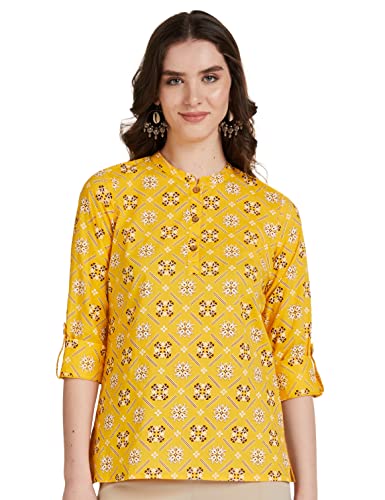 Image of Amazon Brand - Myx Women's Screen Print Straight Cotton Short Kurti (Available in Plus Sizes)