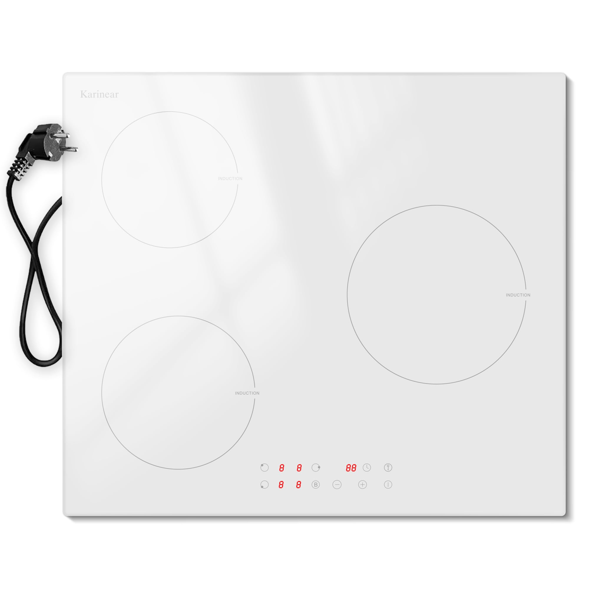 Karinear Plaque Induction Blanc 3 Feux avec Prise | Plaque de Cuisson Induction Encastrable 59CM, 3500W, Commande Tactile, Boost, Verrou de Sécurité, Minuterie, 220V