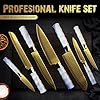14-Piece Knife Block Set, Non Stick Sharp Stainless Steel Kitchen Knives Set, Knife Set with Self-Sharpener, Steak Knife, Bread Knife, Scissors, Chef Quality, Marbled Handle Gold Blade