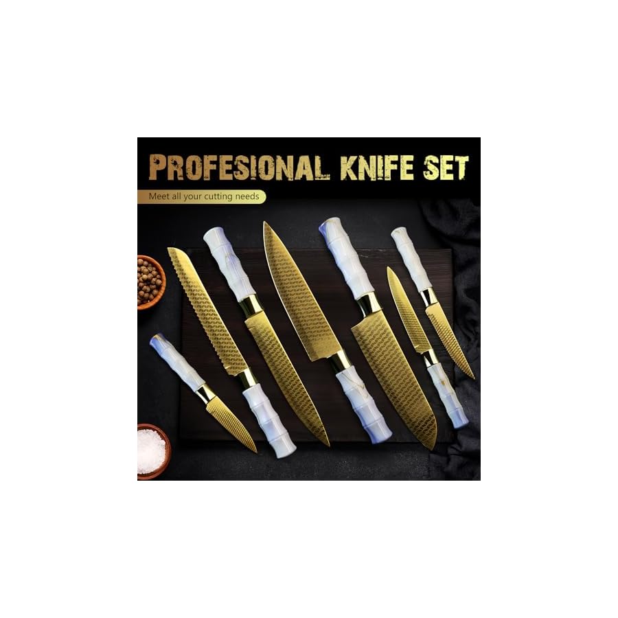 14-Piece Knife Block Set, Non Stick Sharp Stainless Steel Kitchen Knives Set, Knife Set with Self-Sharpener, Steak Knife, Bread Knife, Scissors, Chef Quality, Marbled Handle Gold Blade